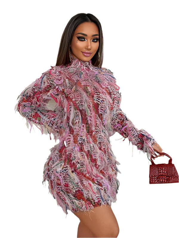 TEEK - Pink Long Sleeve Striped Fringe High Waist Dress DRESS TEEK K S