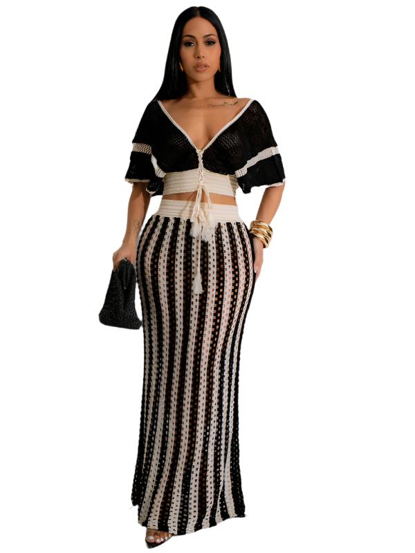 TEEK - V-Neck Striped Knitted Long Skirt Set SET TEEK K Black S