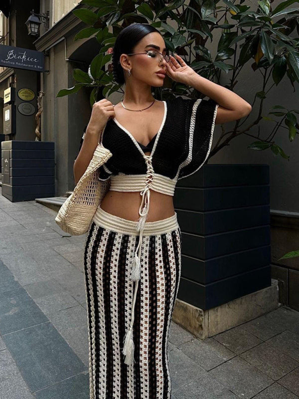 TEEK - V-Neck Striped Knitted Long Skirt Set SET TEEK K