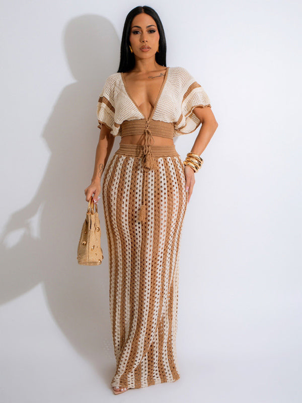 TEEK - V-Neck Striped Knitted Long Skirt Set SET TEEK K Camel S