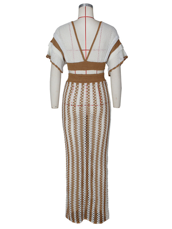 TEEK - V-Neck Striped Knitted Long Skirt Set SET TEEK K