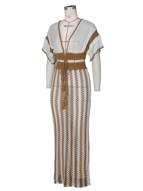 TEEK - V-Neck Striped Knitted Long Skirt Set SET TEEK K