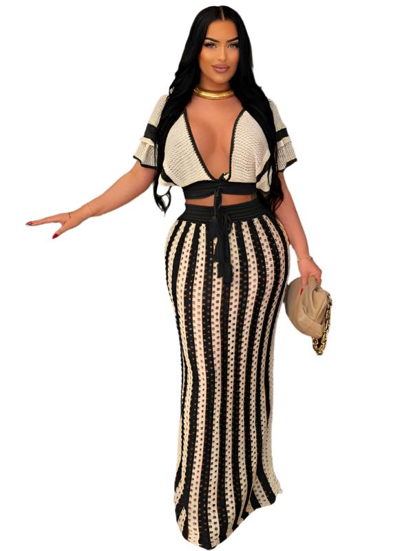 TEEK - V-Neck Striped Knitted Long Skirt Set SET TEEK K White S