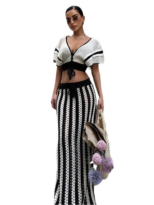 TEEK - V-Neck Striped Knitted Long Skirt Set SET TEEK K