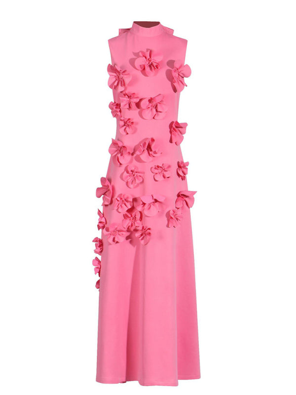 TEEK - Collared Sleeveless Solid 3-Dimensional Flower Long Dress DRESS TEEK K