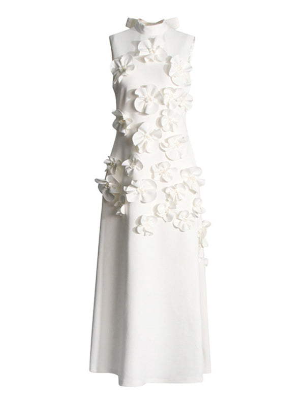 TEEK - Collared Sleeveless Solid 3-Dimensional Flower Long Dress DRESS TEEK K