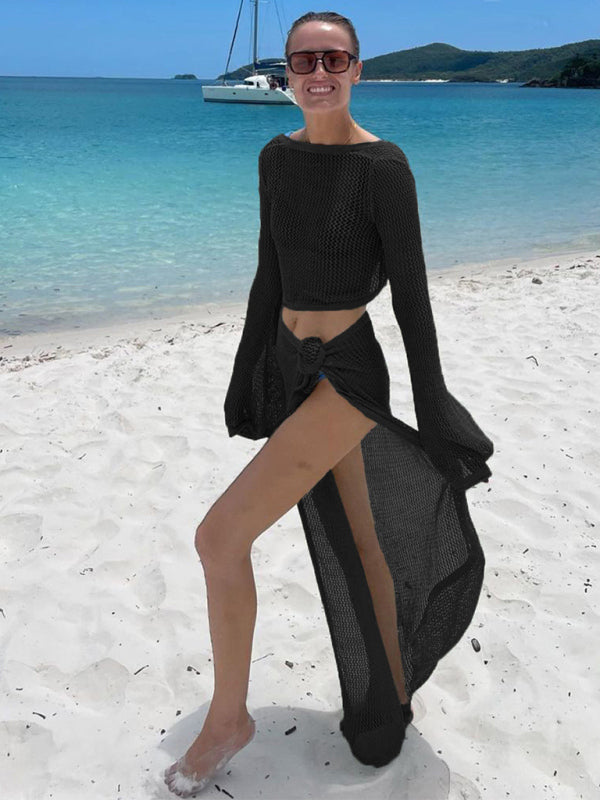 TEEK - Mesh Long-Sleeved Knitted 2pc Skirt Set SWIMWEAR TEEK K Black S