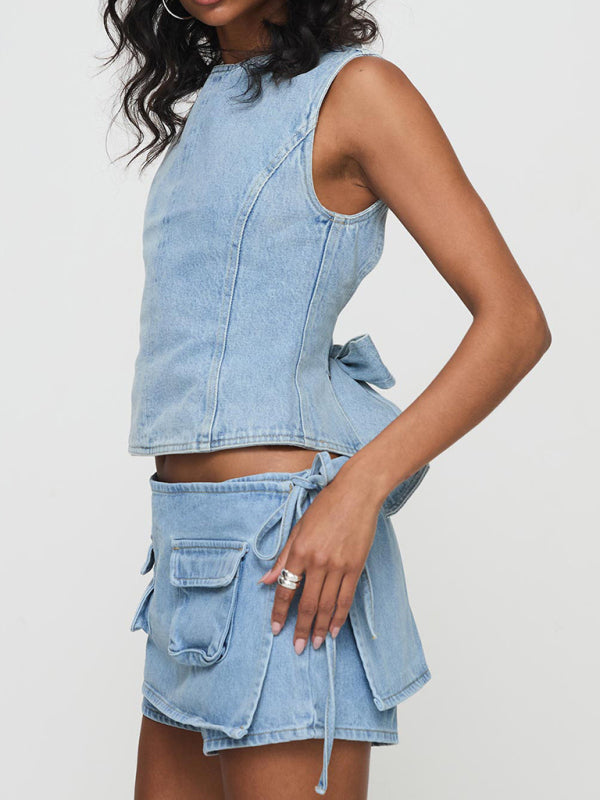 TEEK - Denim Pocketed Lace-Up Low-Rise Denim Skorts SHORTS TEEK K