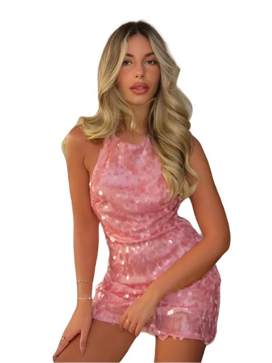 TEEK - Sequin Halter Sleeveless Backless Pink Dress DRESS TEEK K S