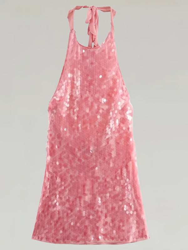 TEEK - Sequin Halter Sleeveless Backless Pink Dress DRESS TEEK K