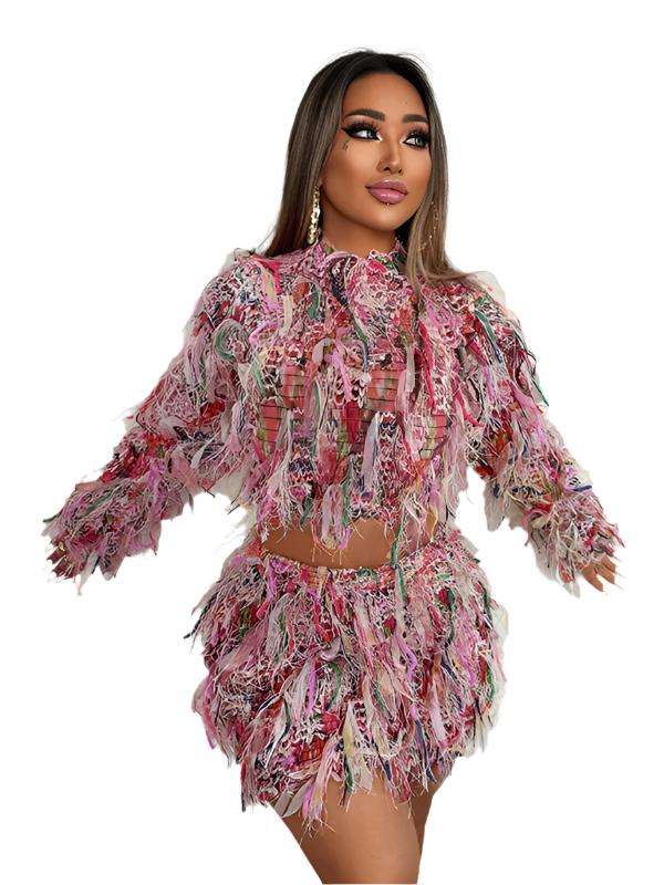 TEEK - Pink Colorful Fringe Long-Sleeved Slim Short Skirt Suit SET TEEK K S