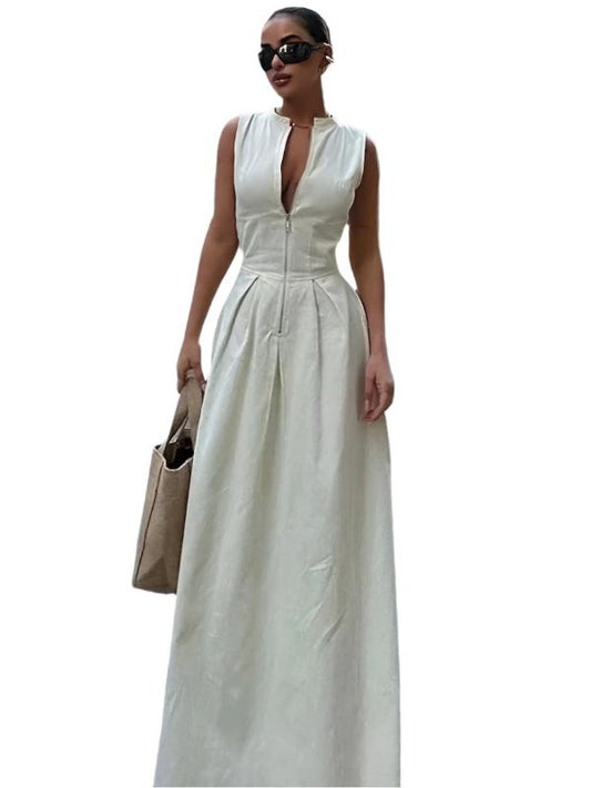 TEEK - Sleeveless V-neck Commuter Waist Zipper Neck Dress DRESS TEEK K