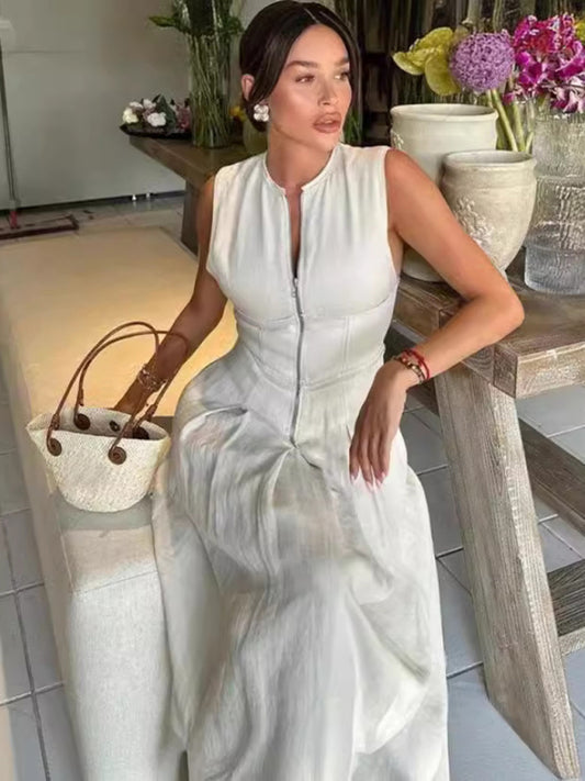 TEEK - Sleeveless V-neck Commuter Waist Zipper Neck Dress DRESS TEEK K Cream S