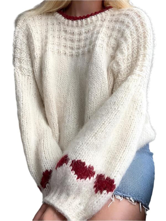 TEEK - White Round Neck Red Heart Long Sleeve Loose Sweater TOPS TEEK K