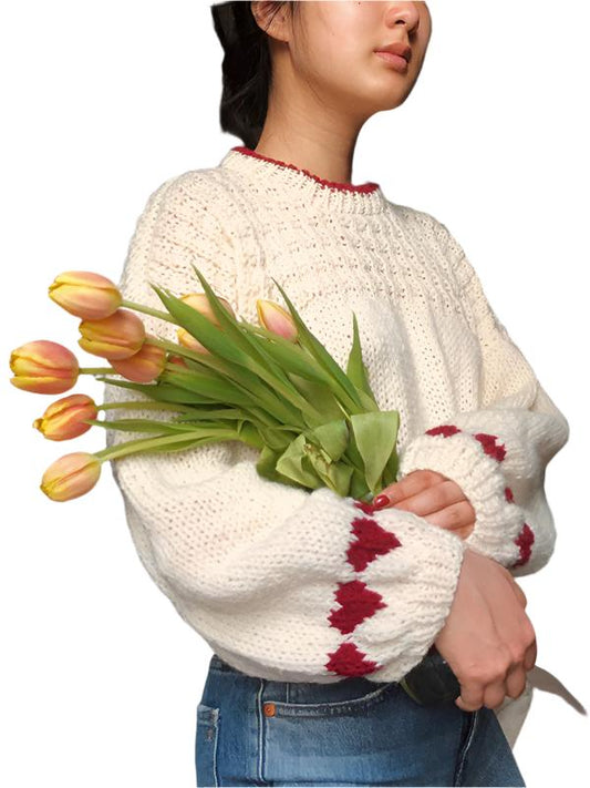 TEEK - White Round Neck Red Heart Long Sleeve Loose Sweater TOPS TEEK K