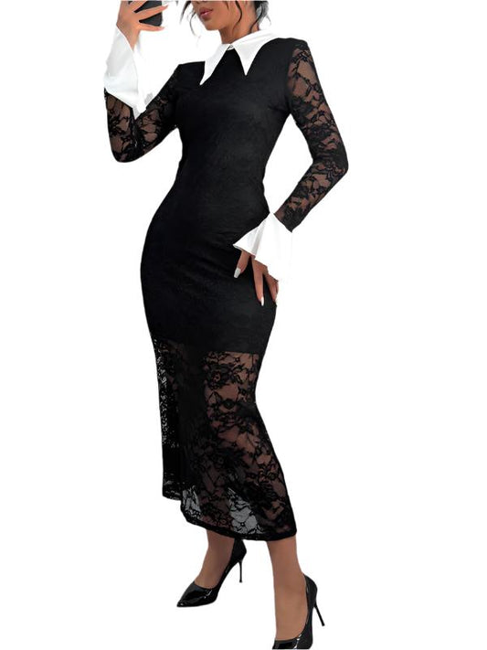 TEEK - Lace Stitching Black White Contrast Slim Dress DRESS TEEK K