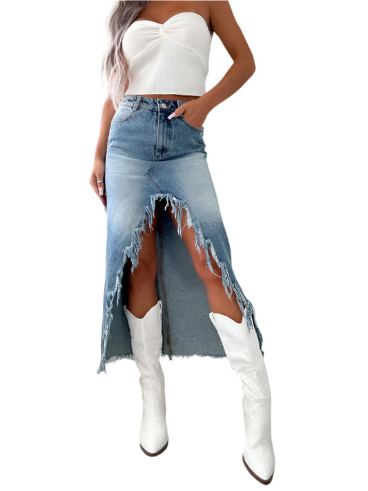 TEEK - High Waist Open Wedge Raw Edge Denim Skirt SKIRT TEEK K S