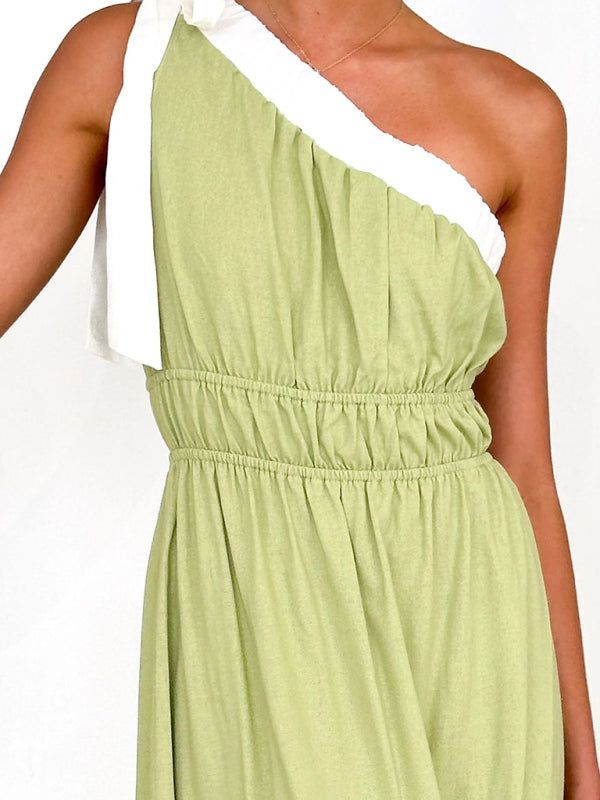 TEEK - Pale Green White Trim One-Shoulder Dress DRESS TEEK K