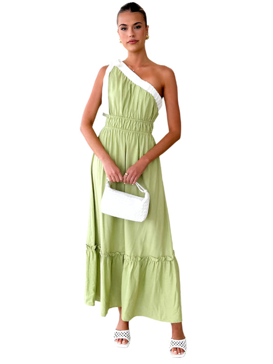 TEEK - Pale Green White Trim One-Shoulder Dress DRESS TEEK K Pale green S