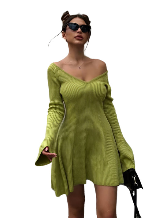TEEK - Wide V-Neck Long-Sleeved Knitted Dress DRESS TEEK K