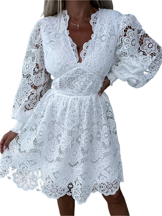 TEEK - V-Neck Lace Dainty Sleeves Dress DRESS TEEK K White S