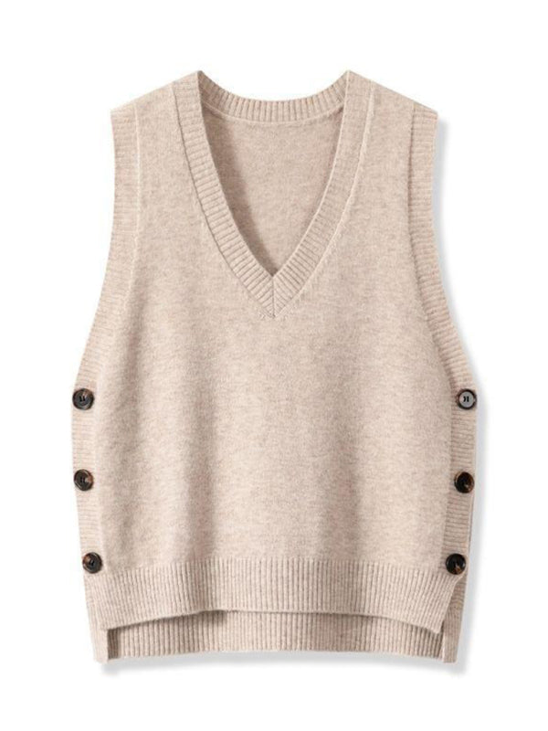 TEEK - V-Neck Solid Color Casual Sweater Vest VEST TEEK K Cracker Khaki S