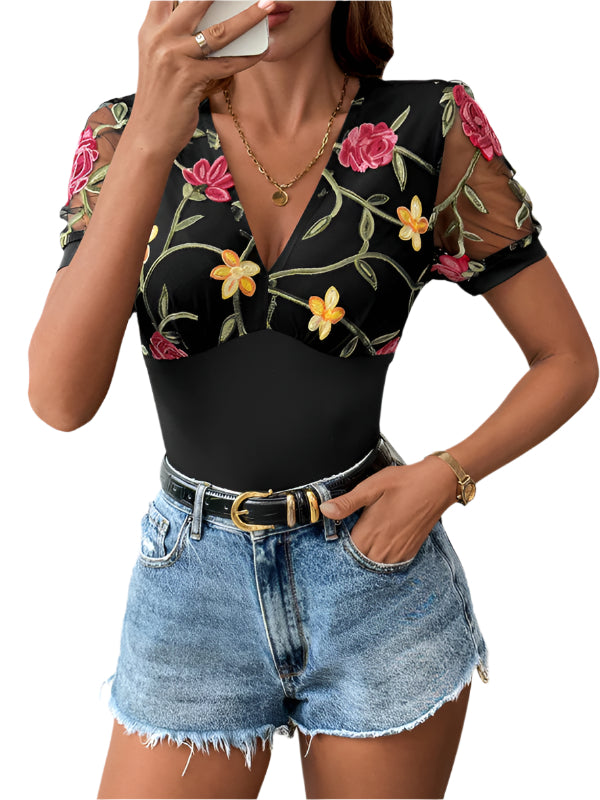 TEEK - V-Neck Sheer Floral Stitched Bodysuit TOPS TEEK K