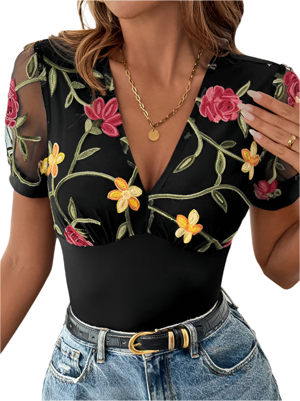 TEEK - V-Neck Sheer Floral Stitched Bodysuit TOPS TEEK K