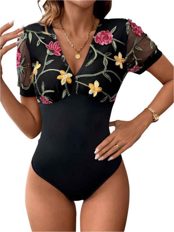 TEEK - V-Neck Sheer Floral Stitched Bodysuit TOPS TEEK K