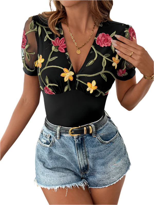 TEEK - V-Neck Sheer Floral Stitched Bodysuit TOPS TEEK K S