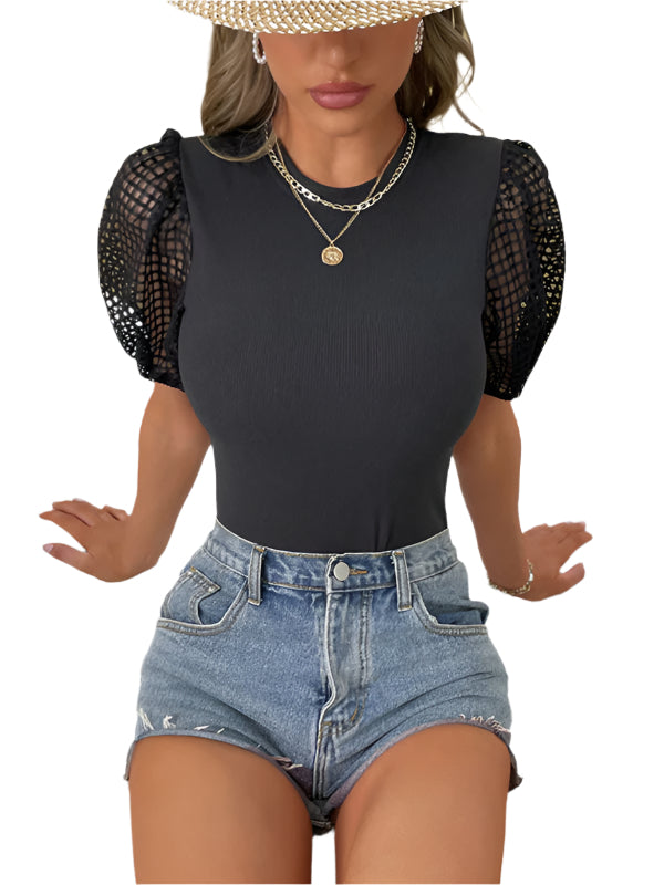 TEEK - Black Mesh Puff Sleeve Bodysuit TOPS TEEK K