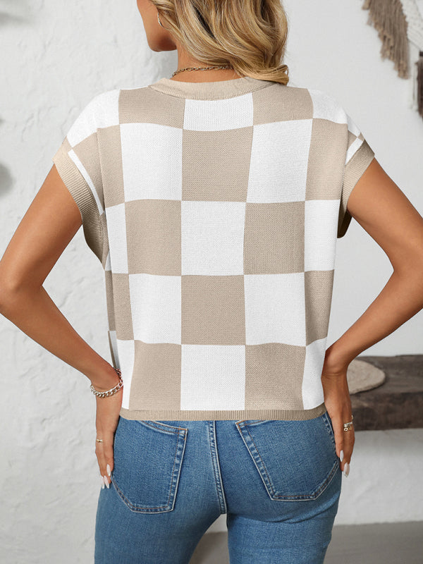 TEEK - Colorblock Crewneck Checkerboard Sweater TOPS TEEK K