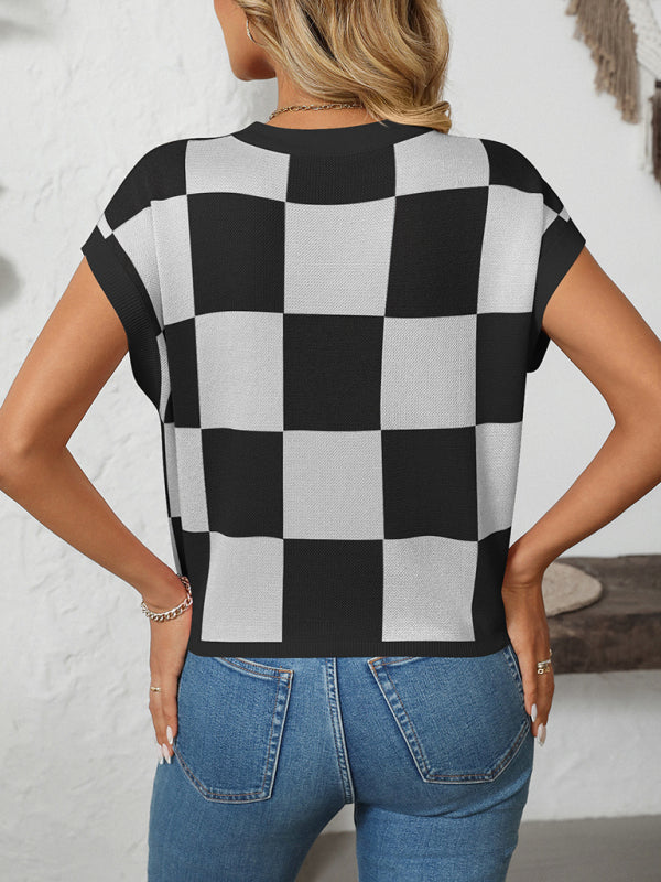 TEEK - Colorblock Crewneck Checkerboard Sweater TOPS TEEK K