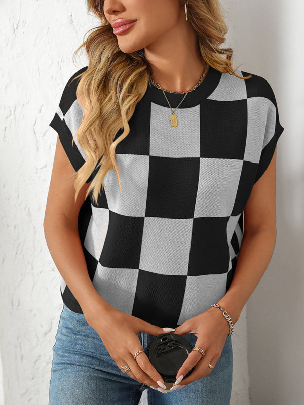 TEEK - Colorblock Crewneck Checkerboard Sweater TOPS TEEK K