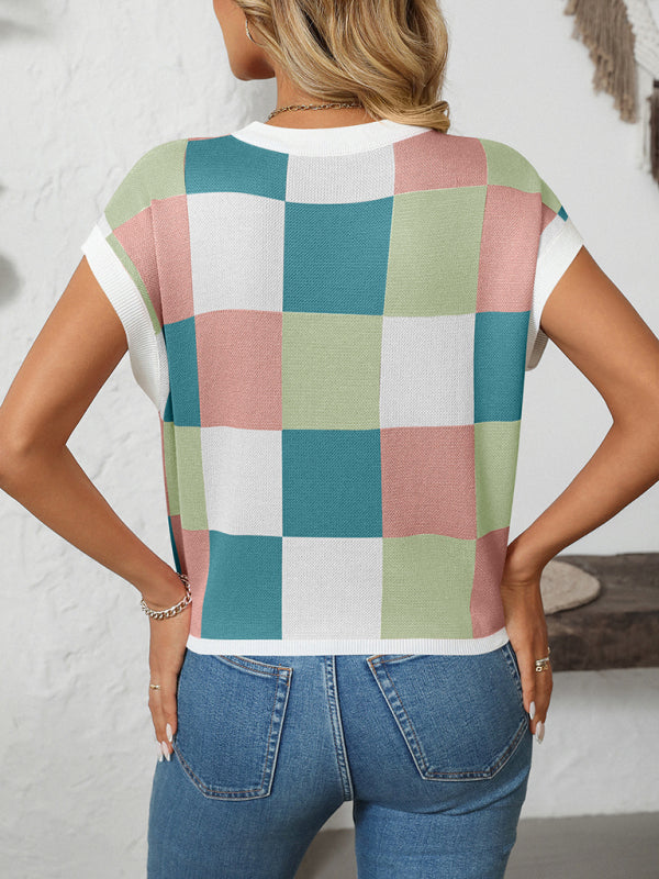 TEEK - Colorblock Crewneck Checkerboard Sweater TOPS TEEK K