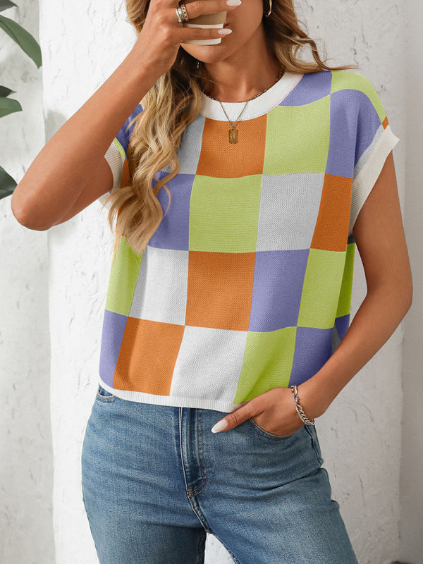 TEEK - Colorblock Crewneck Checkerboard Sweater TOPS TEEK K