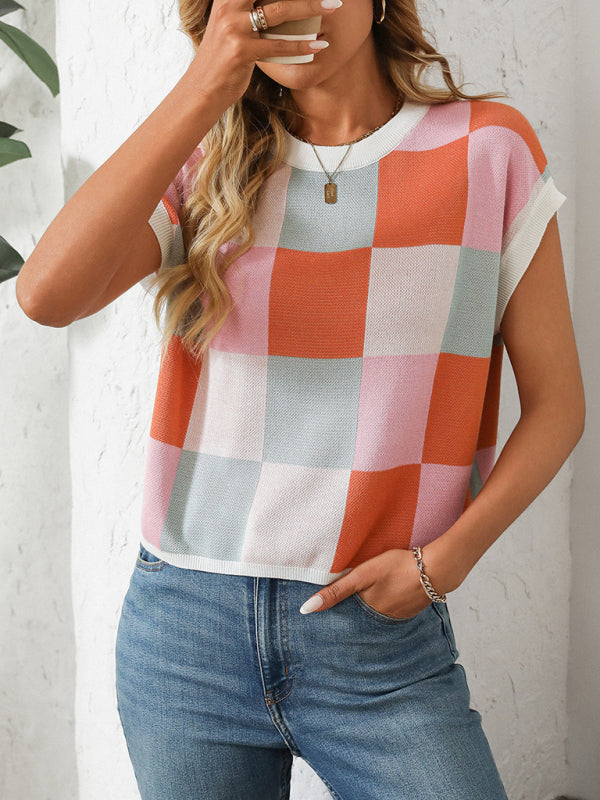 TEEK - Colorblock Crewneck Checkerboard Sweater TOPS TEEK K