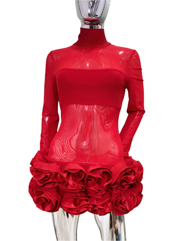 TEEK - Red Mesh Flower Bud Skirt Mini Red Dress DRESS TEEK K