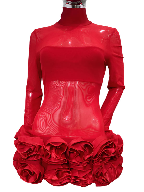 TEEK - Red Mesh Flower Bud Skirt Mini Red Dress DRESS TEEK K