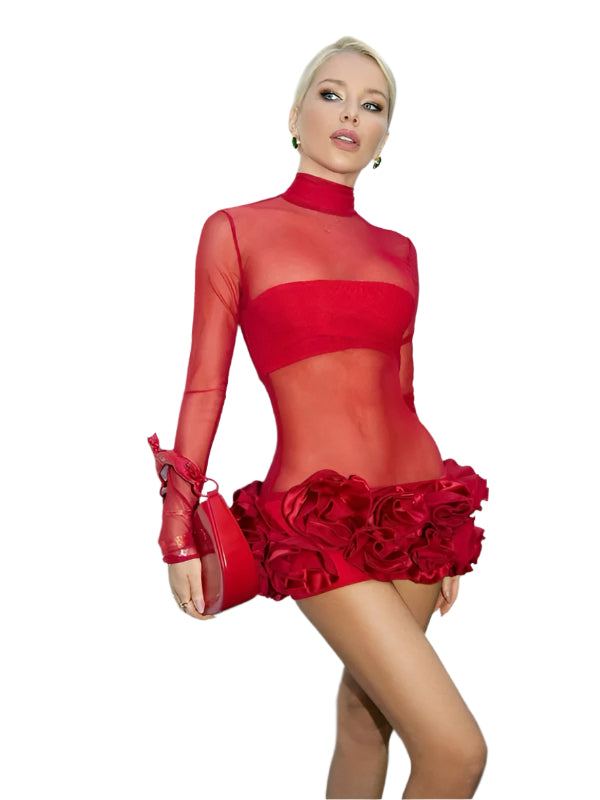 TEEK - Red Mesh Flower Bud Skirt Mini Red Dress DRESS TEEK K XS