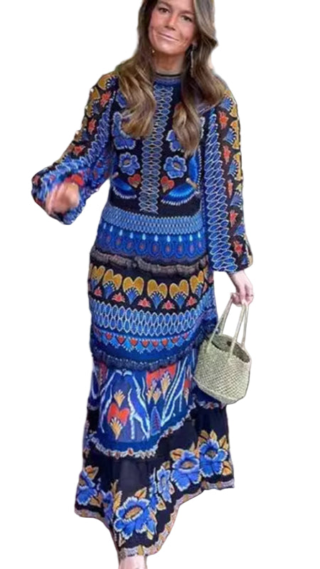 TEEK - Floral Multicolor Blue Printed Long Sleeve Dress DRESS TEEK K S