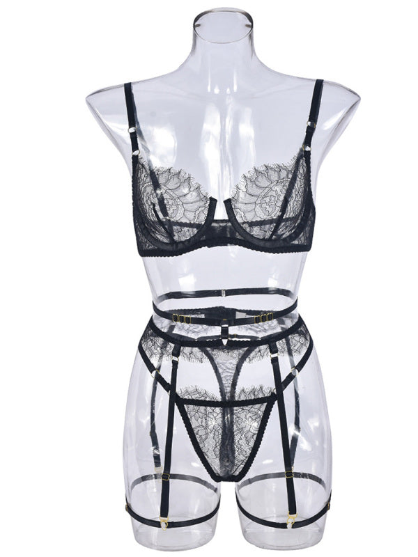 TEEK - 3PC Eyelash Lace Thong Lingerie Set LINGERIE TEEK K