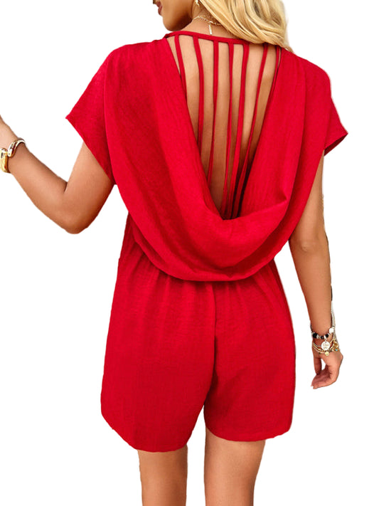 TEEK - Bohemian Imprisoned Draped Back Short-Sleeved Romper JUMPSUIT TEEK K Red S