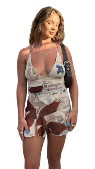 TEEK - Halter Printed Flower Vest Short Skirt Set SET TEEK K