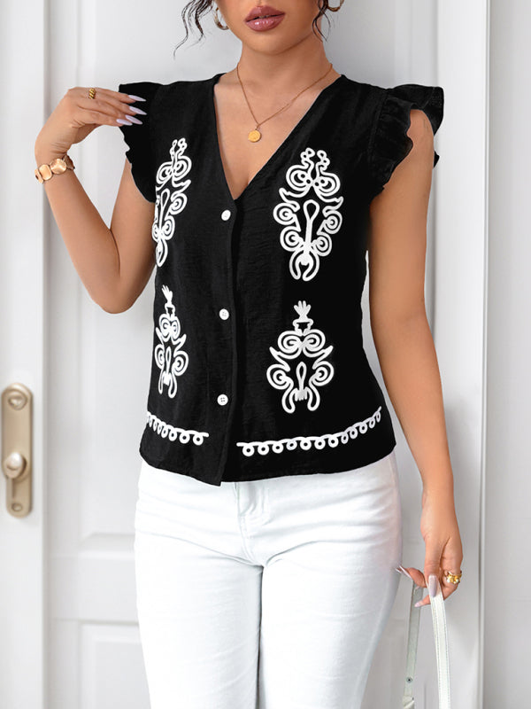 TEEK - Black Printed V-Neck Flying Sleeve Vest Shirt TOPS TEEK K