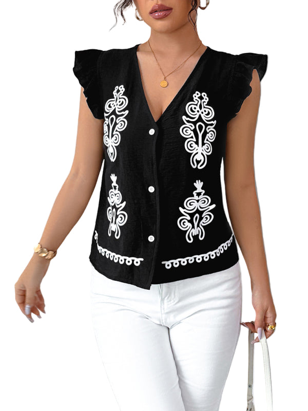 TEEK - Black Printed V-Neck Flying Sleeve Vest Shirt TOPS TEEK K S
