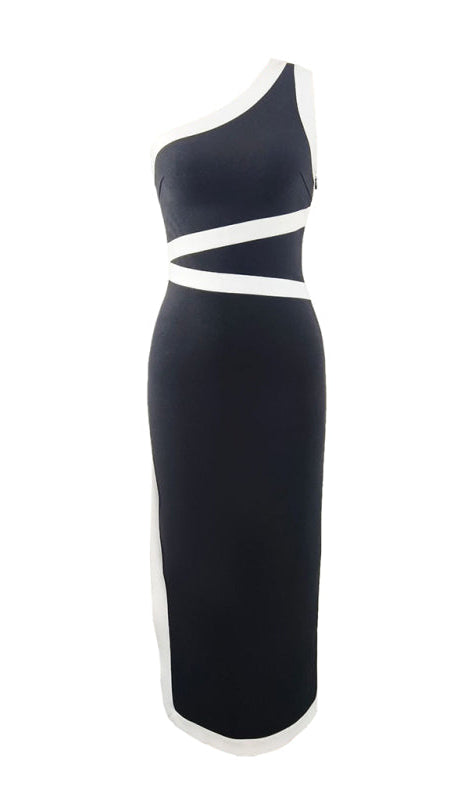 TEEK - Black One-Shoulder Colorblock Waist Bandage Dress DRESS TEEK K