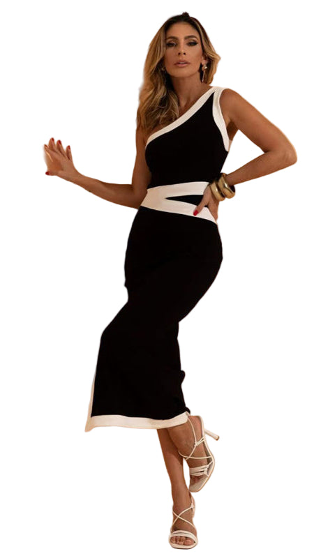 TEEK - Black One-Shoulder Colorblock Waist Bandage Dress DRESS TEEK K S
