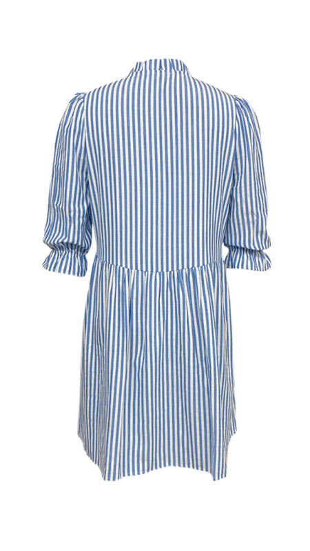 TEEK - Blue Puff Sleeve Stand Collar Striped Dress DRESS TEEK K