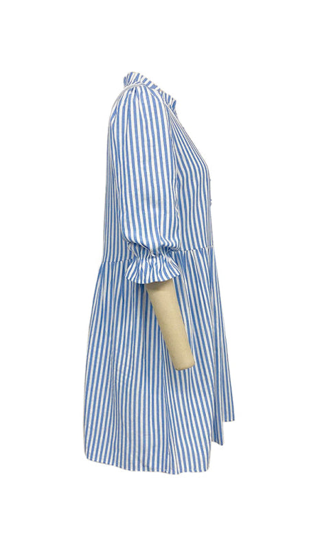 TEEK - Blue Puff Sleeve Stand Collar Striped Dress DRESS TEEK K